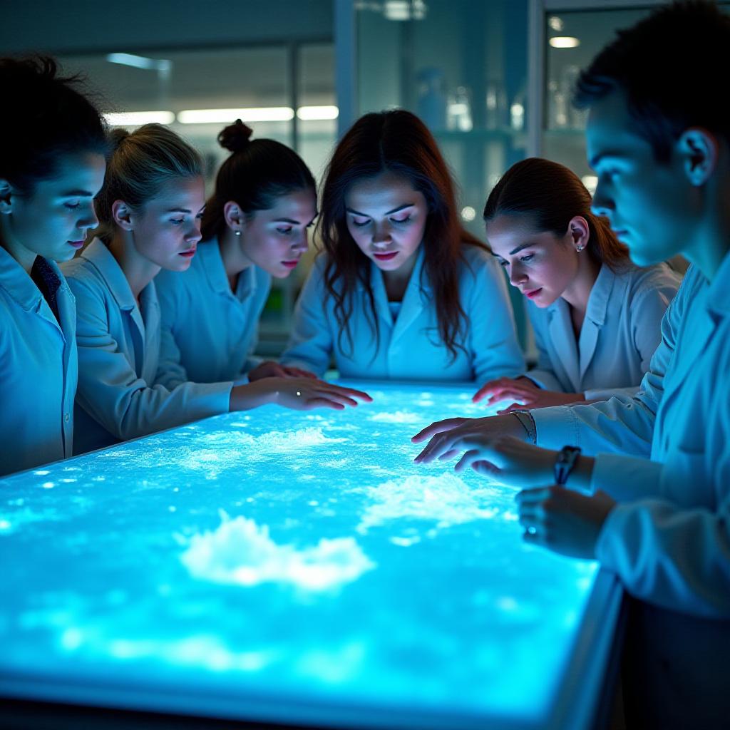 Scientists collaborating over complex climate data maps